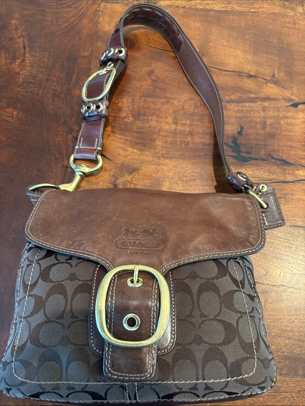 Coach Brown Canvas & Leather Shoulder Bag with Brass Buckle
